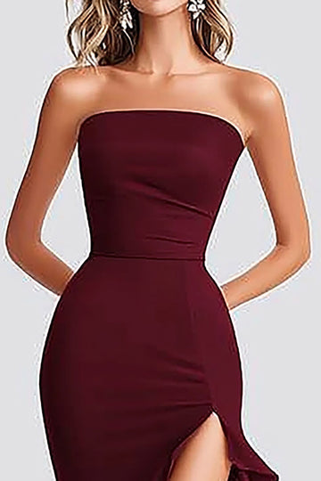 Burgundy Mermaid Strapless Ruffled Slit Formal Dress